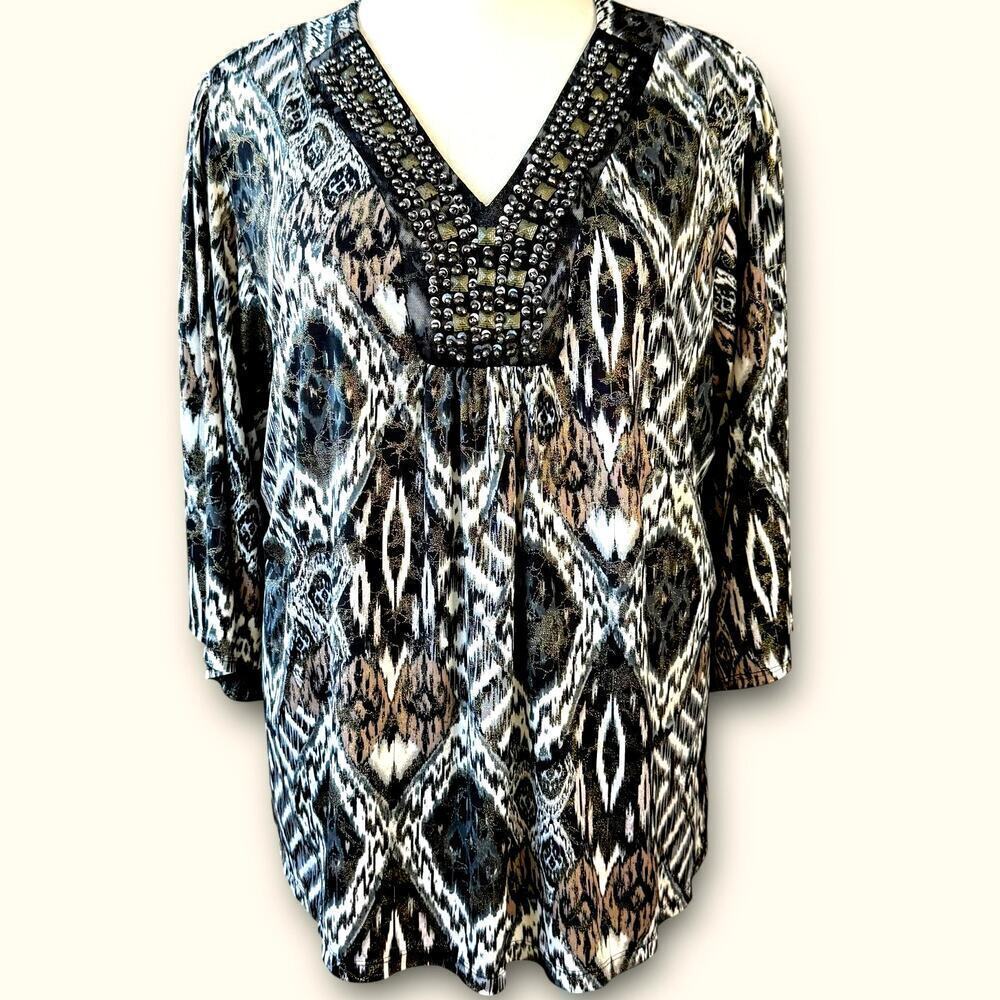 DressBarn Vintage 3/4 Sleeves Beaded V Neck Jersey Top Blouse Size 22/24 Ikat